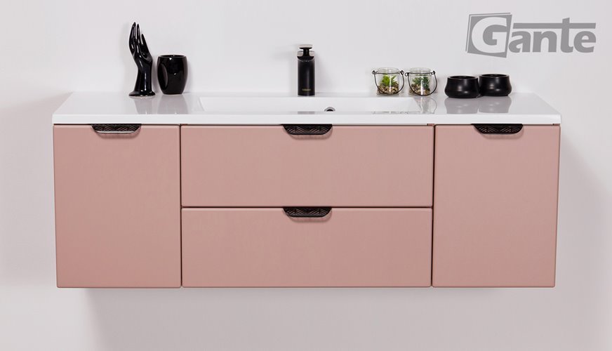 Szafka łazienkowa pudrowy róż z umywalką czarny uchwyt 120 cm Magnolia Gante