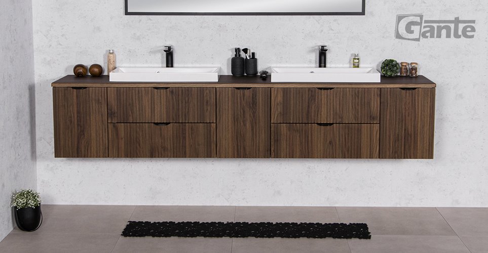Szafka łazienkowa z lamelami wisząca z dwiema umywalkami nablatowymi 210 cm 39/2 Victa Lamello kolor orzech