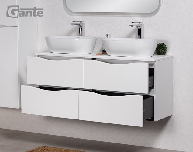 Szafka łazienkowa wisząca ONDA 120 cm biała z dwiema z umywalkami Gante