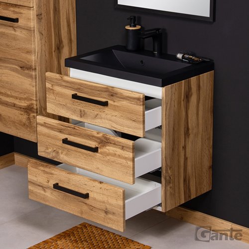 Szafka wisząca z czarną matową umywalką 60 cm kolor dąb naturalny 39/3 seria Fokus Loft Gante