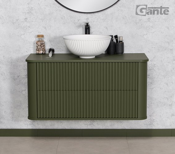 Szafka łazienkowa wisząca ryflowane fronty z umywalką LILIA 100 cm oliwkowy mat z umywalką Gante