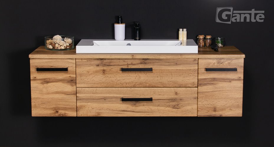 Szafka wisząca z białą umywalką nablatową 140 cm kolor dąb naturalny seria Fokus Loft Gante