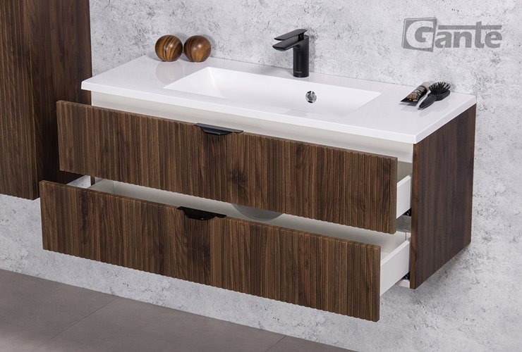 Szafka łazienkowa z lamelami wisząca z umywalką 100 cm 39/2 Victa Lamello kolor orzech