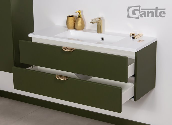 Szafka łazienkowa oliwkowa z umywalką złoty uchwyt 100 cm Magnolia Gante