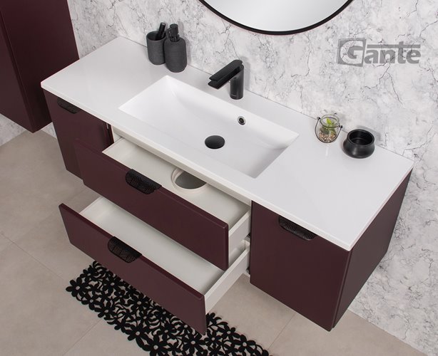 Burgundowa szafka łazienkowa wisząca z umywalką czarny uchwyt 120 cm Magnolia
