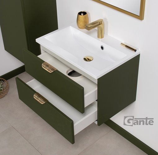 Oliwkowa szafka łazienkowa wisząca z umywalką złoty uchwyt 60 cm Magnolia