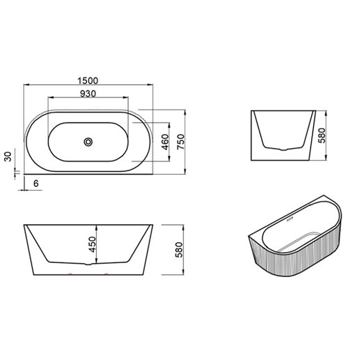 Wanna wolnostojąca przyścienna korek oraz przelew złoty szczotkowany 150 cm Carlo Hydrosan