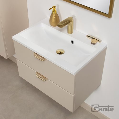 Piaskowa szafka łazienkowa wisząca z umywalką złoty uchwyt 60 cm Magnolia