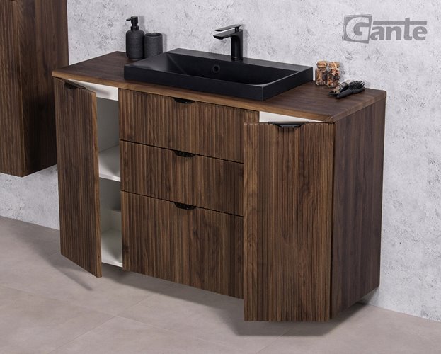 Szafka łazienkowa z lamelami wisząca z czarną umywalką nablatową 120 cm 39/3 Victa Lamello kolor orzech