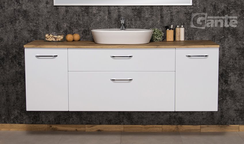 Szafka łazienkowa wisząca z umywalką nablatową i koszem 160 cm SETTO MODULO kolor biały połysk