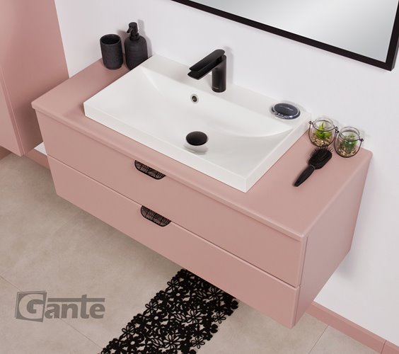 Szafka łazienkowa pudrowy róż z umywalką nablatową czarny uchwyt 100 cm Magnolia Gante