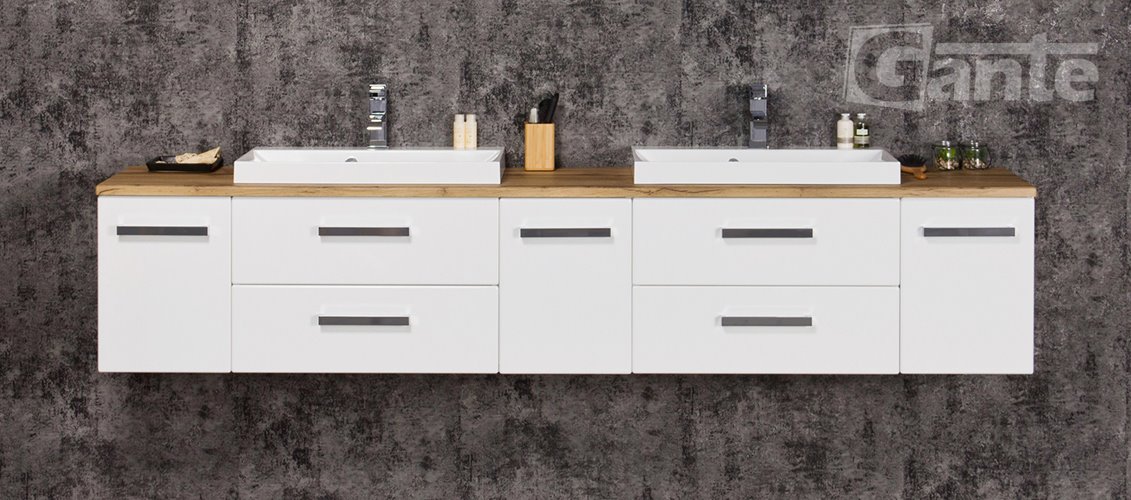 Szafka wisząca z dwiema umywalkami 210 cm z blatem w kolorze dąb naturalny 210/39/C2 seria Fokus B