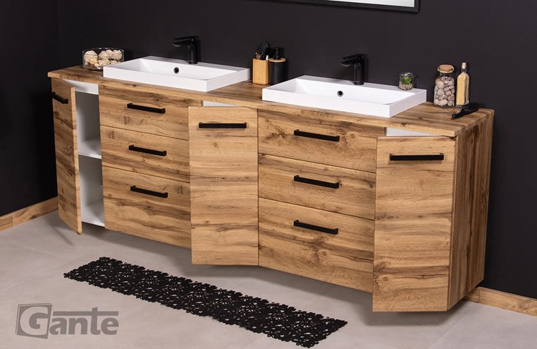 Szafka wisząca z dwiema umywalkami nablatowymi 210 cm 39/3 kolor dąb naturalny seria Fokus Loft Gante