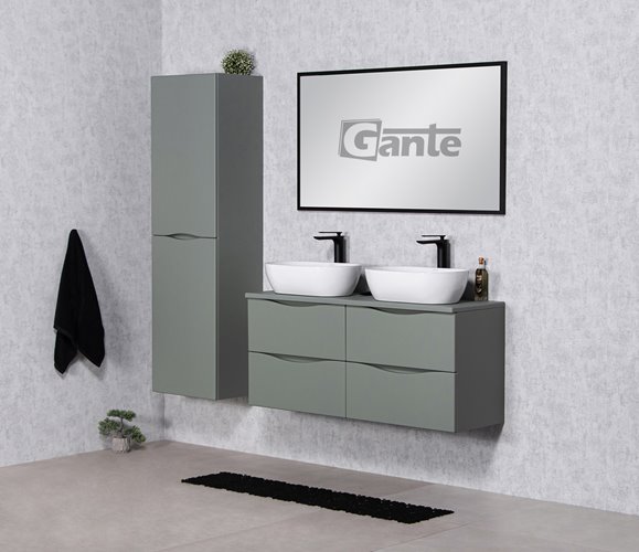 Szafka łazienkowa wisząca ONDA 120 cm szałwiowa z białymi umywalkami Gante