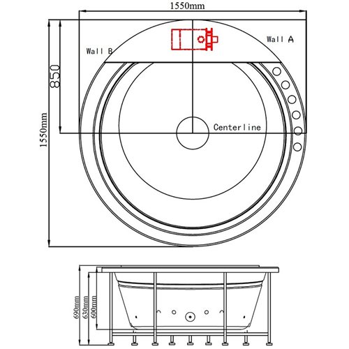 Wanna z hydromasażem okrągła do zabudowy + obudowa 155x155 cm Della 916