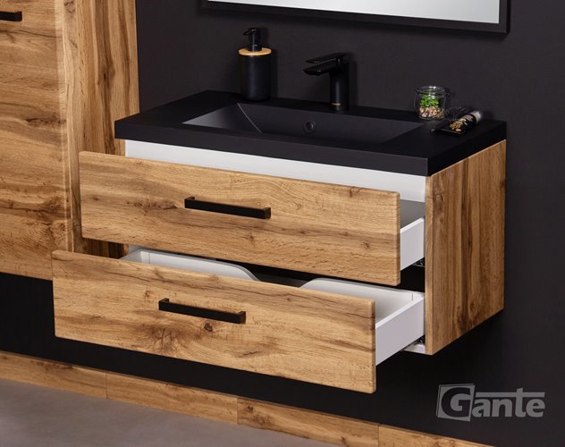 Szafka wisząca z czarną matową umywalką 80 cm kolor dąb naturalny 39/2 seria Fokus Loft Gante