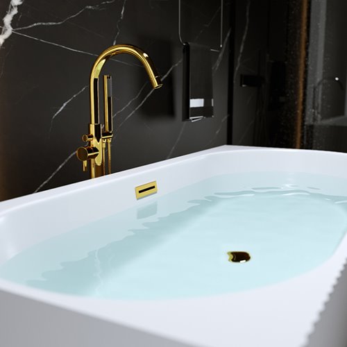 Wanna ryflowana przyścienna narożna lewa korek oraz przelew złoty 140 cm Rio Hydrosan