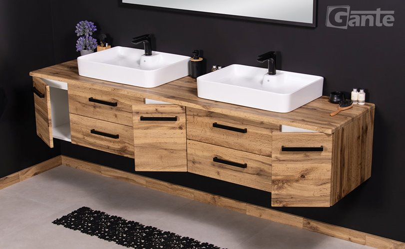 Szafka wisząca z dwiema umywalkami nablatowymi 210 cm 50/2 kolor dąb naturalny seria Fokus Loft Gante