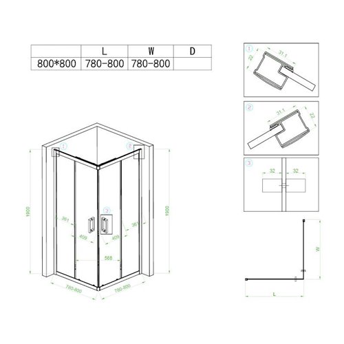 Czarna kabina prysznicowa kwadratowa 80x80 drzwi rozsuwane BL30A