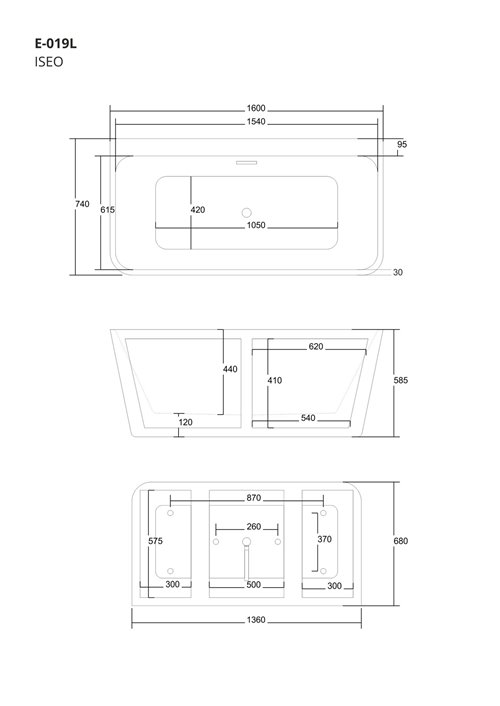 Wanna akrylowa, przyścienna wolnostojąca Iseo Corsan 160 cm korek klik-klak czarny
