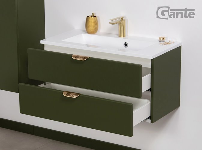 Oliwkowa szafka łazienkowa wisząca z umywalką złoty uchwyt 80 cm Magnolia