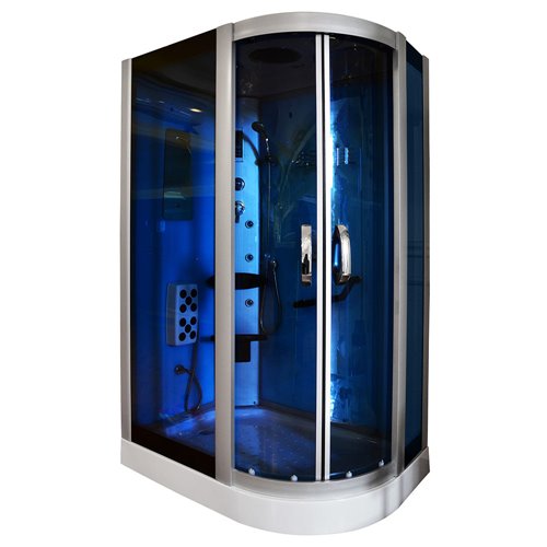 Kabina prysznicowa z hydromasażem na niskim brodziku błękitne ścianki 120x85 prawa MO-18220