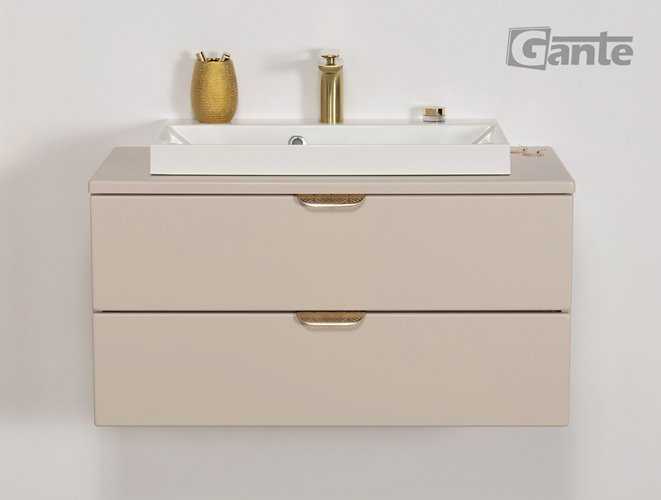 Piaskowa szafka łazienkowa wisząca z białą umywalką nablatową złoty uchwyt 80 cm Magnolia