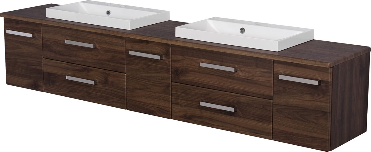 Szafka łazienkowa wisząca z dwiema umywalkami nablatowymi 210 cm 39/2 Fokus kolor orzech