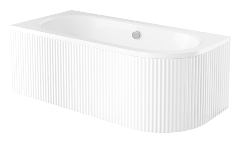Biała ryflowana wanna asymetryczna akrylowa z obudową Avita Besco 150 cm Lewa