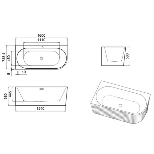 Wanna ryflowana przyścienna narożna lewa korek oraz przelew złoty szczotkowany 160 cm Rio Hydrosan