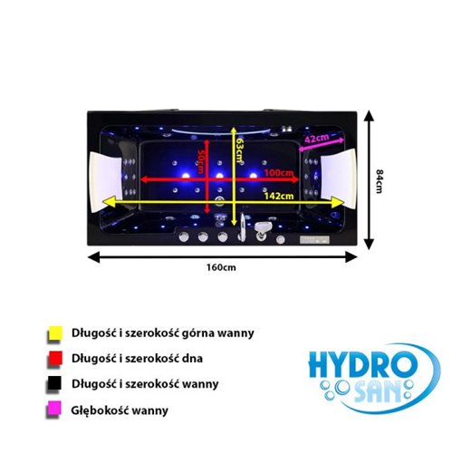 Czarna prostokątna wanna z hydromasażem 160x84 cm Iris 933C Hydrosan
