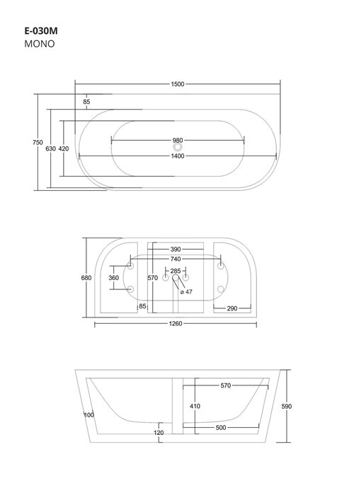 Wanna akrylowa, przyścienna wolnostojąca szeroka krawędź Mono Corsan 150 cm korek klik-klak grafit