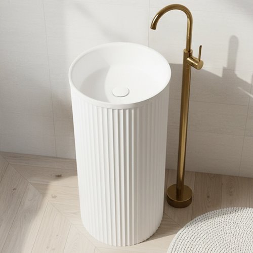 Umywalka wolnostojąca ceramiczna ryflowana okrągła biała 86x40 cm SCOT3-WH-WOF-860