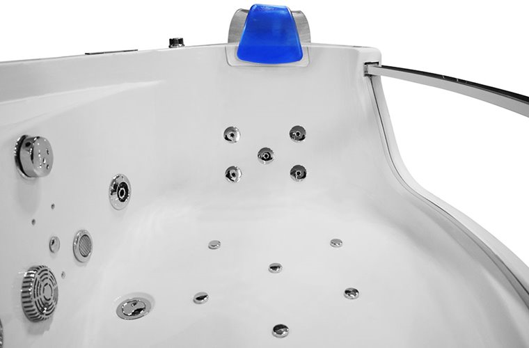 Wanna z hydromasażem narożna 135x135 cm MO-0057 niebieski zagłówek
