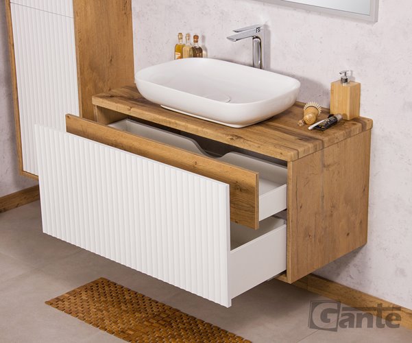 Szafka łazienkowa wisząca z umywalką dąb naturalny/biały mat 100 cm Venus Gante