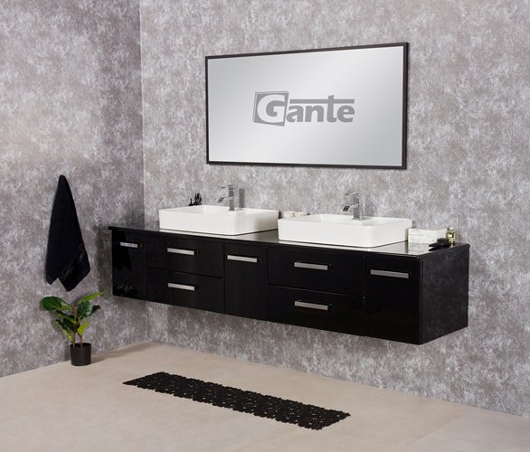 Czarna Szafka wisząca z dwiema umywalkami 210 cm LUNAC2 seria Fokus C