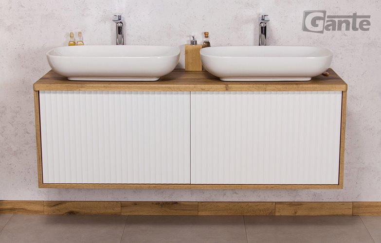Szafka łazienkowa wisząca z umywalkami dąb naturalny/biały mat 140 cm Venus Gante