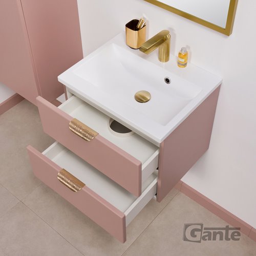 Szafka łazienkowa pudrowy róż z umywalką złoty uchwyt 50 cm Magnolia Gante