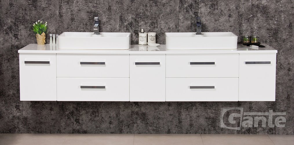 Szafka wisząca z dwiema umywalkami nablatowymi 210 cm z blatem w kolorze białym 210/39/C2 seria Fokus B