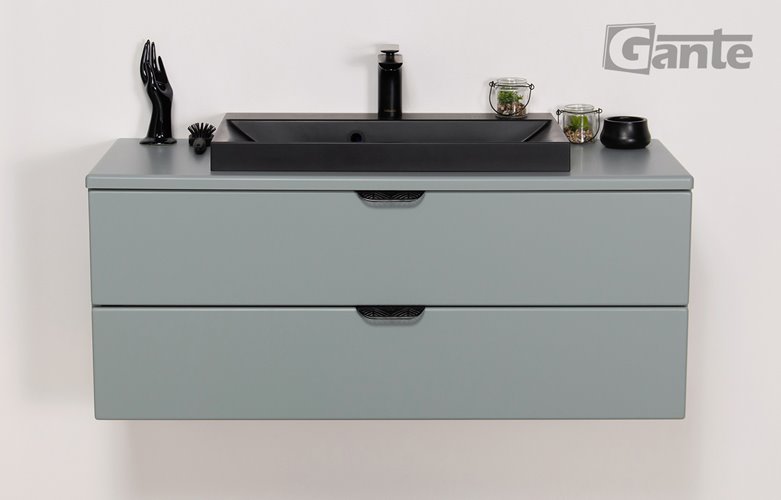 Miętowa szafka łazienkowa wisząca z czarną umywalką nablatową czarny uchwyt 100 cm Magnolia