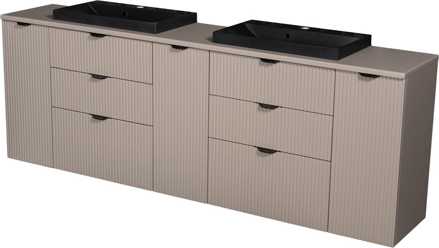 Szafka łazienkowa z lamelami wisząca z czarnymi nablatowymi umywalkami 210 cm 39/3 Victa Lamello kolor fume mat