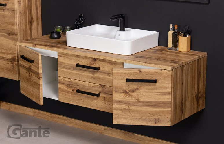 Szafka wisząca z białą umywalką nablatową 140 cm 50/2 kolor dąb naturalny seria Fokus Loft Gante