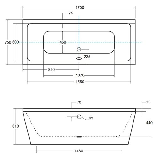 Wanna wolnostojąca przyścienna + klik-klak chrom Vena Besco 170 cm WKVE-170-WS