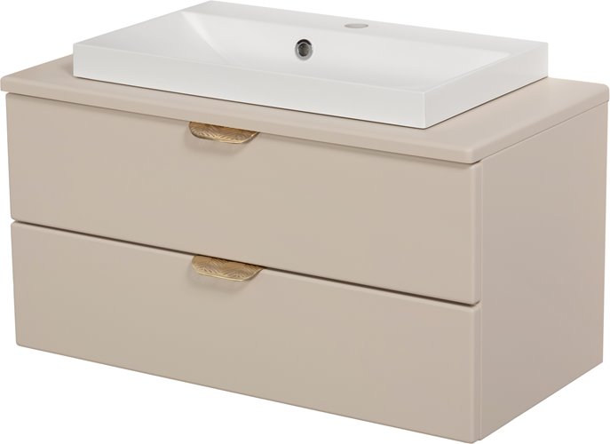 Piaskowa szafka łazienkowa wisząca z białą umywalką nablatową złoty uchwyt 80 cm Magnolia
