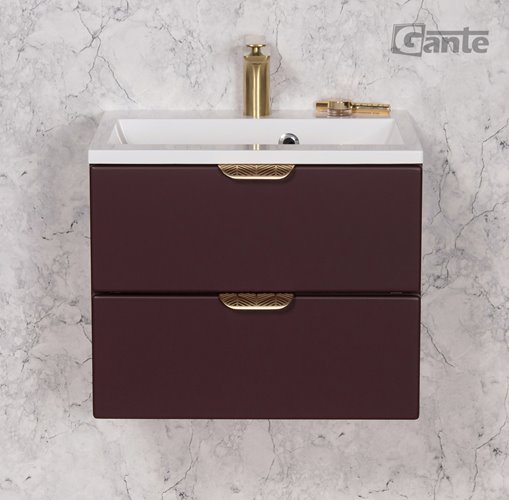 Burgundowa szafka łazienkowa wisząca z umywalką złoty uchwyt 50 cm Magnolia