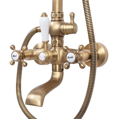 Złoty szczotkowany zestaw prysznicowy z wylewką retro Bergamo Rea