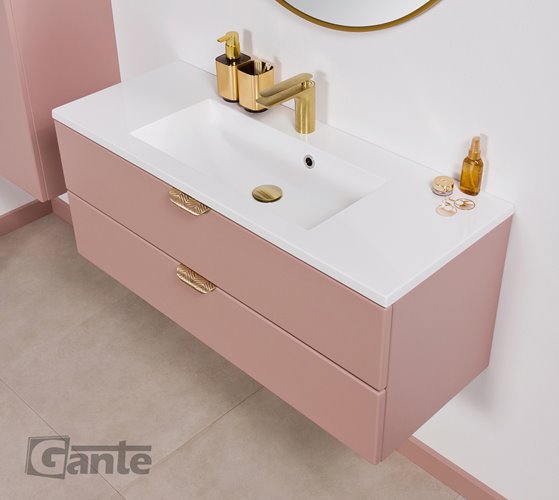 Szafka łazienkowa pudrowy róż z umywalką złoty uchwyt 100 cm Magnolia Gante
