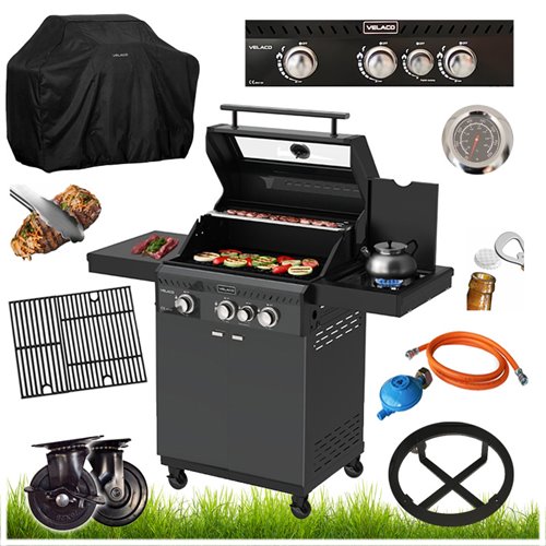 Grill gazowy ZEUS-B kolor czarny ruszt żeliwny moc 11,5 kW + pokrowiec + palnik boczny