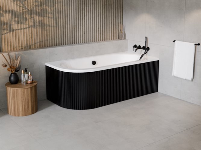 Czarno-biała ryflowana wanna asymetryczna akrylowa z obudową Avita Besco 170 cm Prawa