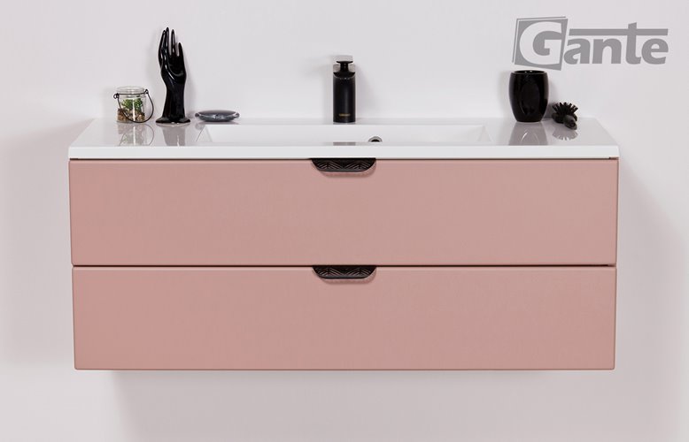 Szafka łazienkowa pudrowy róż z umywalką czarny uchwyt 100 cm Magnolia Gante